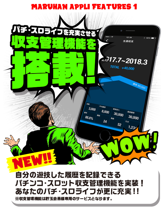 MARUHAN APPLI FEATURES 1 パチ・スロライフを充実させる収支管理機能を搭載！　自分の遊技した閲覧を記録できるパチンコ・スロット収支管理機能を実装！あなたのパチ・スロライフがさらに充実！！※収支管理機能は貯玉会員様専用のサービスになります。