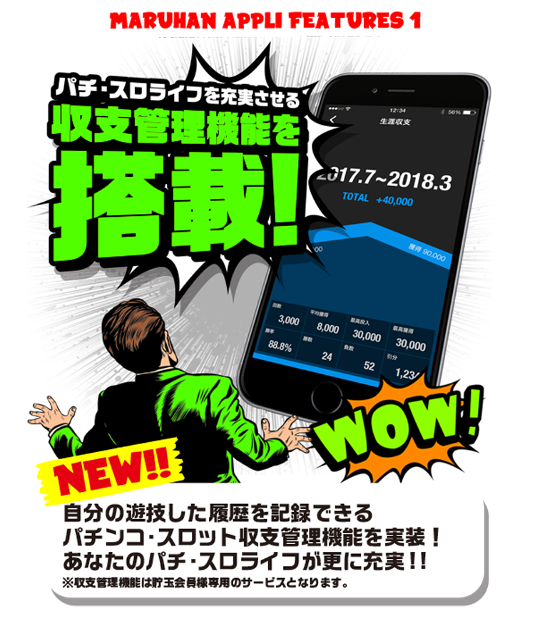MARUHAN APPLI FEATURES 1 パチ・スロライフを充実させる収支管理機能を搭載！　自分の遊技した閲覧を記録できるパチンコ・スロット収支管理機能を実装！あなたのパチ・スロライフがさらに充実！！※収支管理機能は貯玉会員様専用のサービスになります。